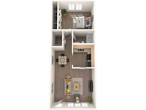 Floor plan for 1 bed, 1 bath, 670 sqft